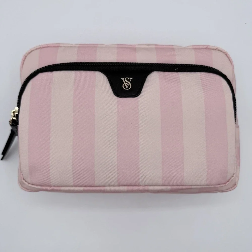 Victoria's Secret Pink Stripe Cosmetic Makeup Travel Organizer Dual Zip Bag NWT